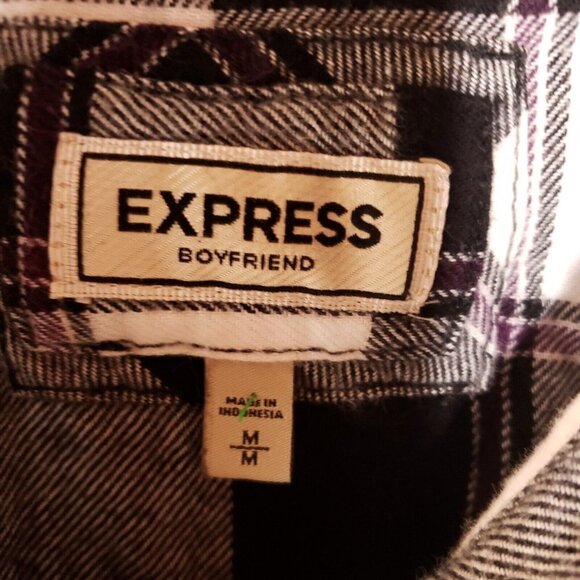 Express Womens Boyfriend Black White Plaid Flannel Shirt Medium - Picture 3 of 5